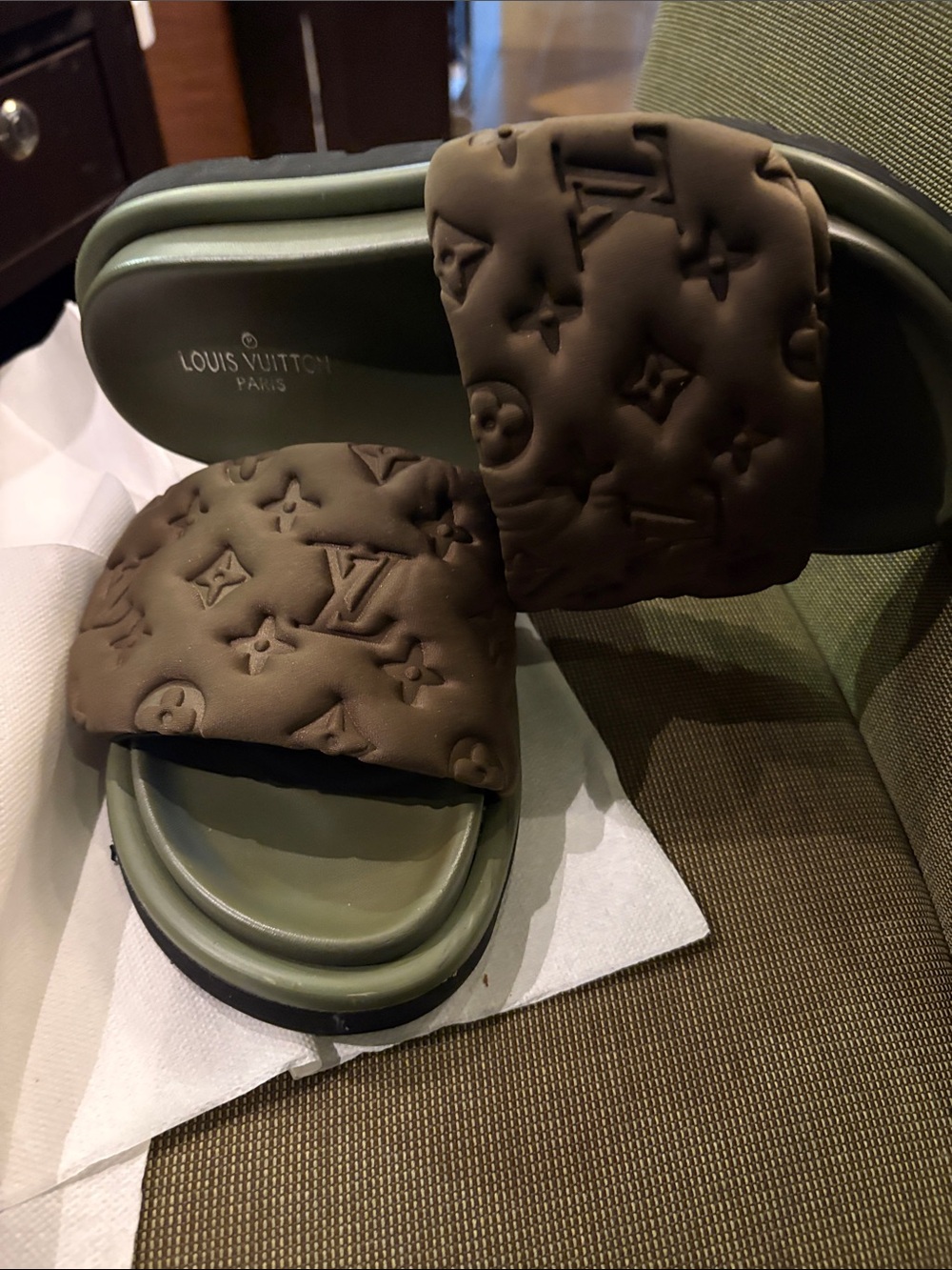Fashion Olive Green & Brown Monogram Padded Slide Sandals